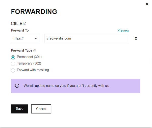 GoDaddy Forwarding Settings Forward To Screenshot