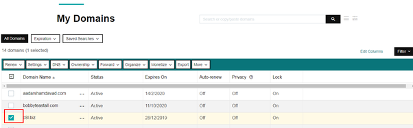 GoDaddy My Domains Checkbox Selection Screenshot