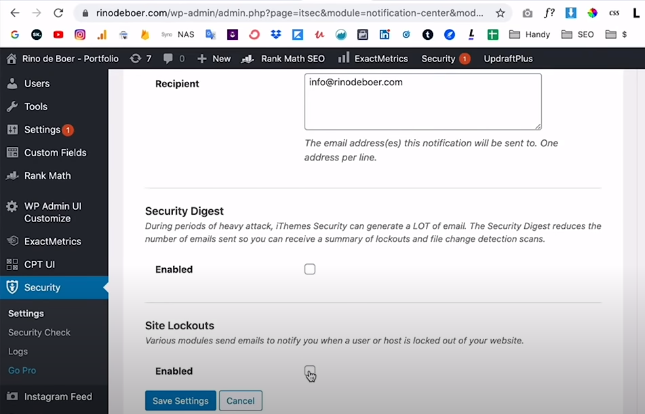 iThemes Security Plugin Notification Center Settings